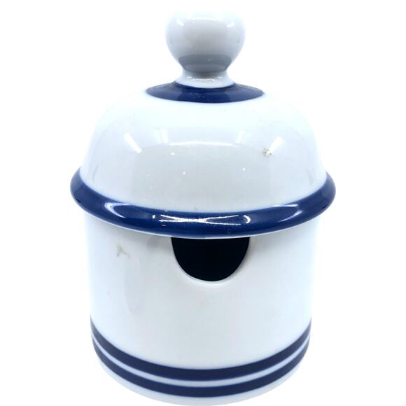 DANSK Blue & White Sugar Bowl w/ Lid & Serving Spoon - Picture 7 of 8
